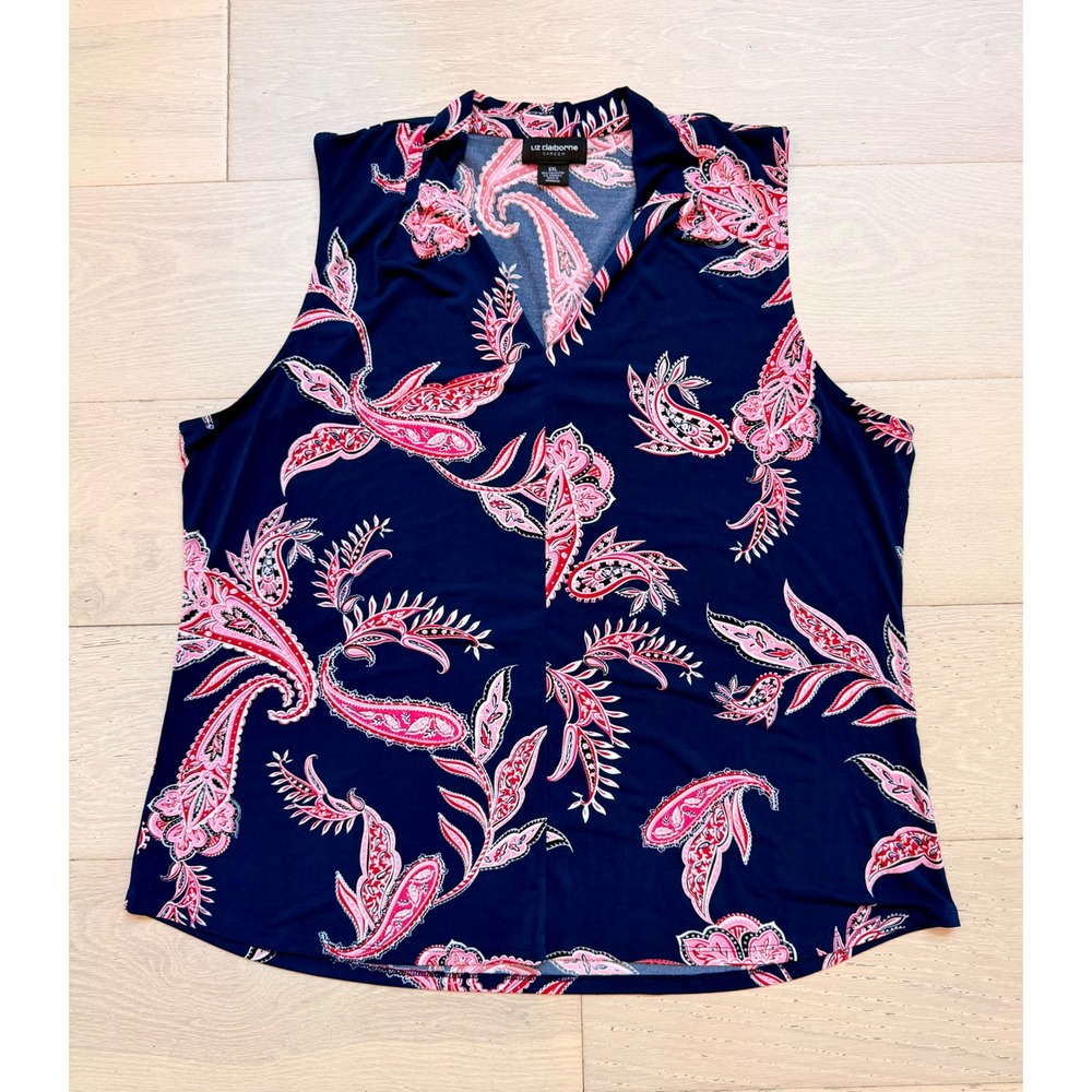 Liz Claiborne Career Women's XXL Sleeveless Paisley Blouse Navy Pink Stretch Top